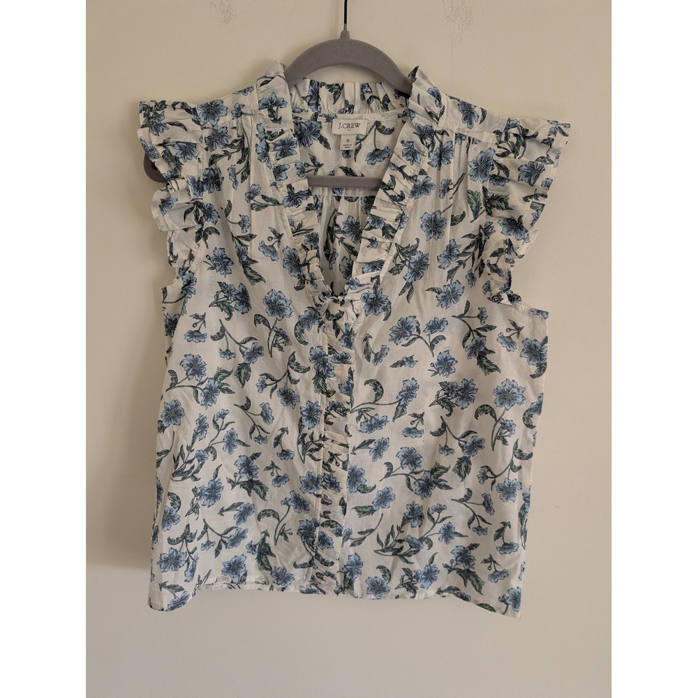 J.Crew Blue Floral Ruffle V-Neck Sleeveless Cotton Voile Blouse Top small garden